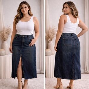 ZARA Dark Wash Denim Midi Skirt Size Large Front Slit Jean Skirt Classic Casual